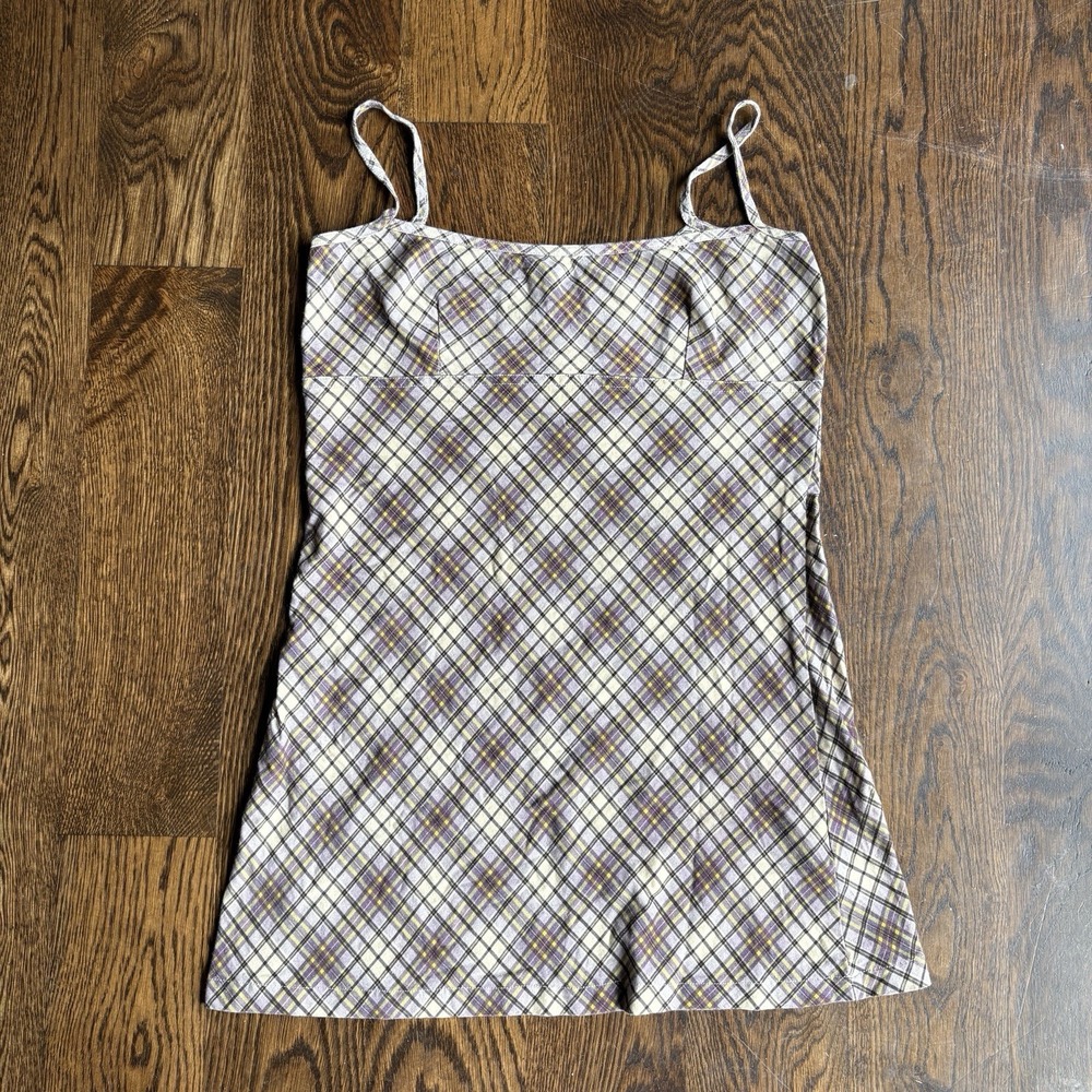 UNIF Lily Plaid Mini Dress L Purple Green Cotton 90s Style Grunge Slip Cami Y2K